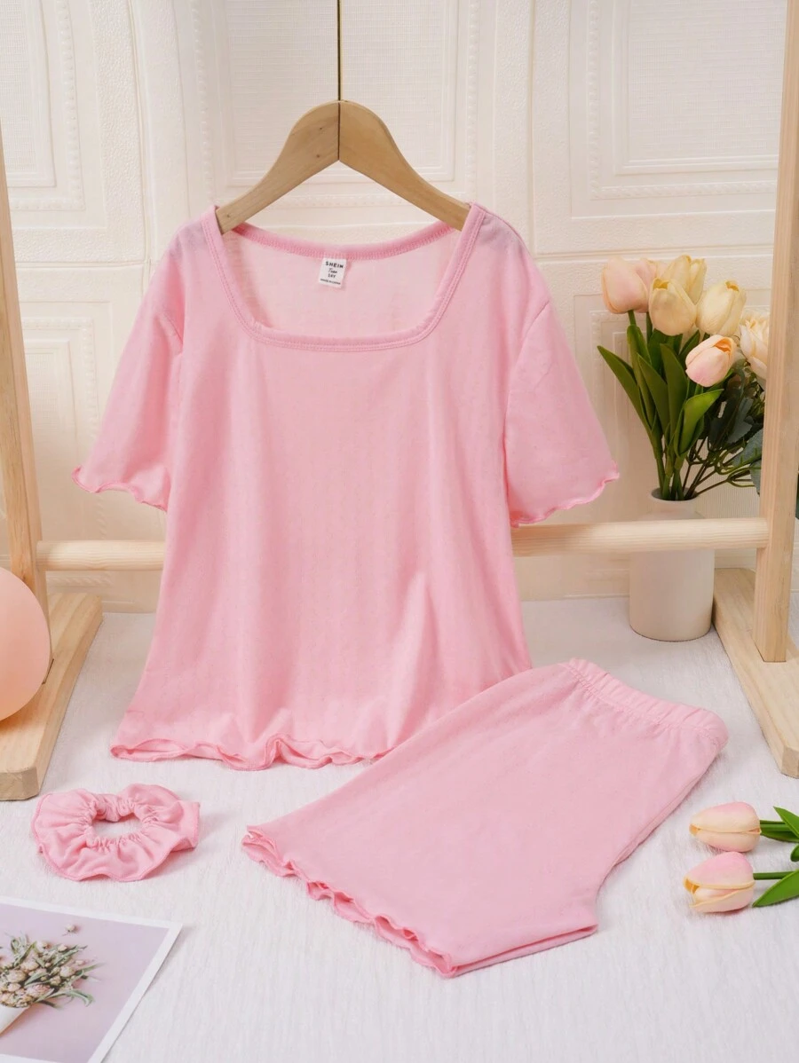 3pcs/Set Teen Girl Solid Color Hollow-Out Jacquard Knit Short Sleeve Top And Shorts With Headband, Lounge Set - Pink - View 1