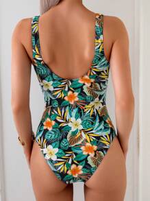 Shapewave Kvinnors One-Piece Tropisk Plantor Tryck Magkontroll Baddräkt Med Bred Rem - Svart - Visa 2