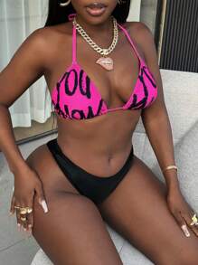 SHEIN Slayr Fashionable Sexy Graffiti Letter Print Halter Bikini Set, For Summer Beach Vacation - Hot Pink - View 5