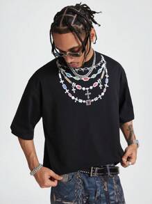 AXEPEAK Men's Loose Knitted Printing Short Sleeve T-Shirt - Black - View 2