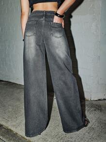 SHEIN ICON Retro Sexy Slim Fit Washed Rhinestone Embellished Wide Leg Jeans Jeans Glittersparkle Jeansrhinestone Jeans - Grey - View 2