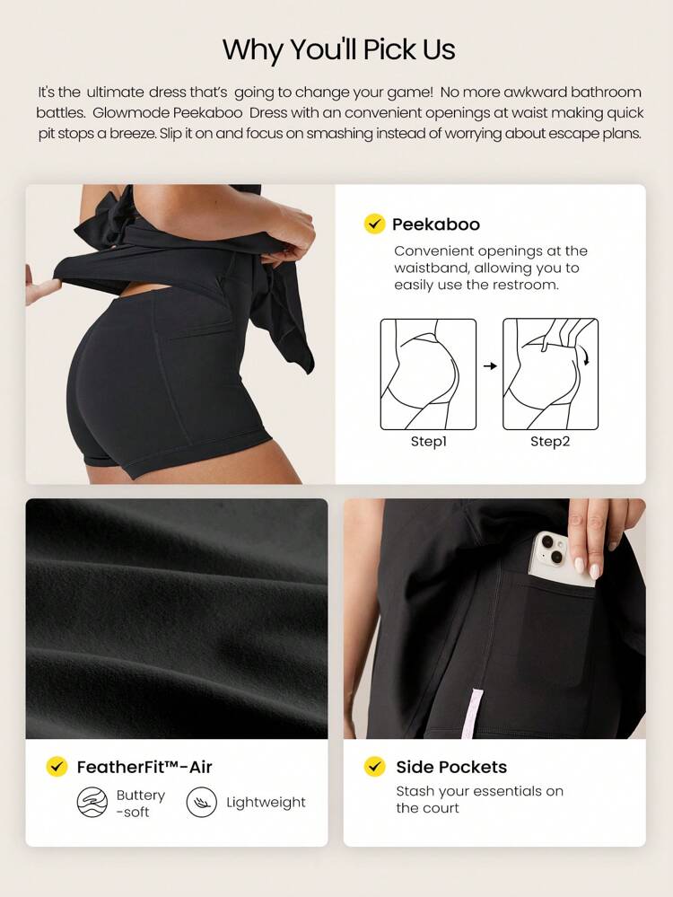 Robe à encolure carrée plissée avec boucle de ceinture et short intégré, amovible, coupelle, style casual quotidien Peekaboo FeatherFit™-Air