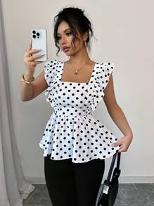 Elenzga 优雅休闲蝴蝶结盖袖波尔卡圆点印花女式衬衫，春夏 - 黑與白 - 查看 5