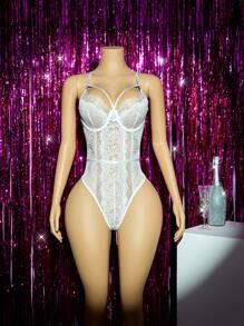 Romantic Lace Detail Steel Hoop Sexy Bodysuit Bridal Lingerie, Rave - White - View 8