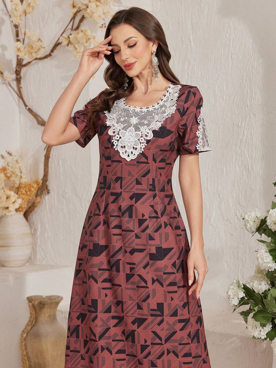 Al Najma 2025 Spring/Summer New  Style Applique Cinched Waist Dress - Red - View 1