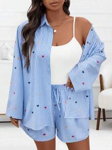 SHEIN LUNE Conjunto casual de 3 piezas para mujer talla grande, que incluye: camisa de manga larga con botones y rayas en forma de corazón, camiseta sin mangas de unicolor y shorts