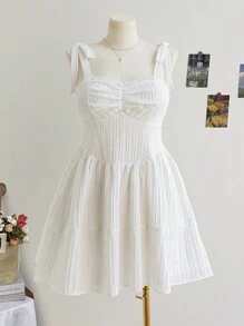 Soleia Plus Size Women Spring Romantic White Shoulder Bow, Gathered Bust, Empire Waist, A-Line Mini Dress - Multicolor - View 1