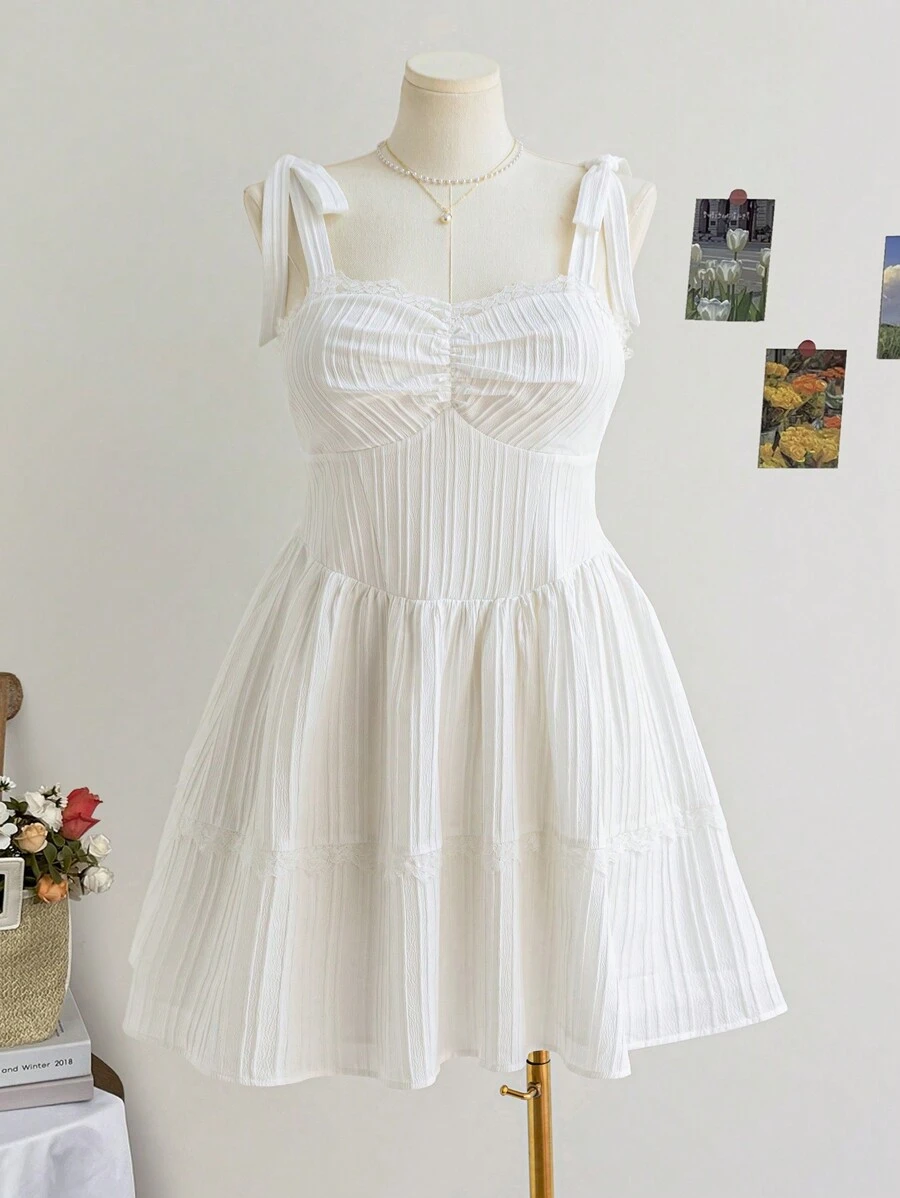 Soleia Plus Size Women Spring Romantic White Shoulder Bow, Gathered Bust, Empire Waist, A-Line Mini Dress - Multicolor - View 1