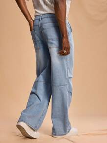 Forever 21 Relaxed Fit, Light Blue Washed Straight Jeans With Slant Front Pockets And Patch Pockets At The Back; Gathered Front Legs And Structured Back Legs - Light Wash - View 2