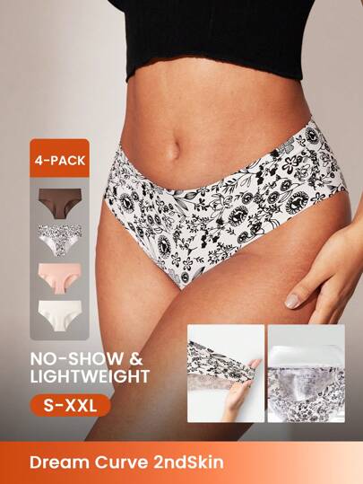 LUVLETTE Paquete de 4 bragas básicas sin costuras y sin marcas con estampado floral de talle bajo para mujer