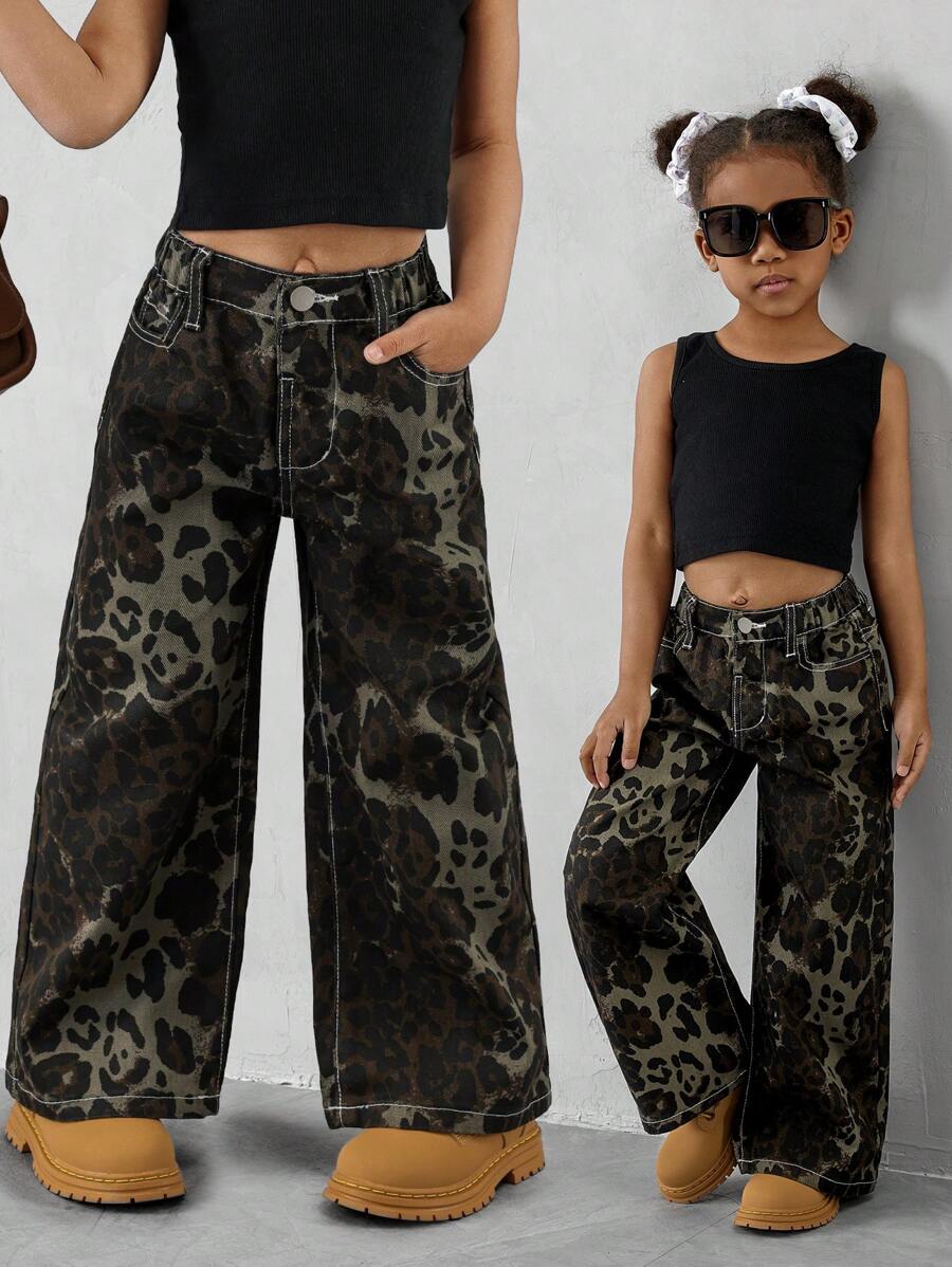 SHEIN Explorewe 年轻女孩休闲豹纹洗水牛仔直筒牛仔裤，时尚百搭 - 軍綠色 - 查看 1