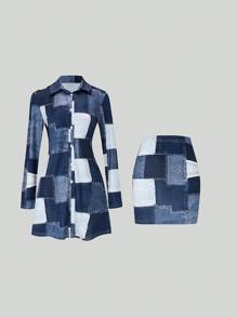 BamGleam Splice Printed Button Down Shirt And Skirt Women Color Block Spring Summer Set