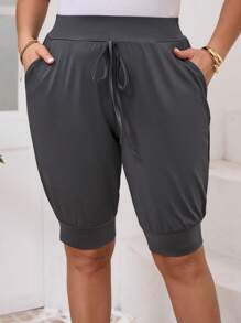 EMERY ROSE Plus Size Solid Color Lace-Up Pocket Casual Shorts, Everyday Wear - Dark Grey - View 6