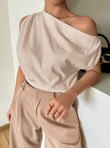 Firerie 女士不对称露肩宽松无袖竹纤维亚麻衬衫，优雅适合度假和日常穿着 - 杏色 - 查看 3