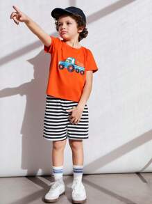 SHEIN 2pcs/Set Young Boys Car Print T-Shirt & Blue White Striped Pants Sets - Multicolor - View 4