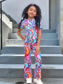 SHEIN Explorewe Girl Casual All-Match Versatile Street Colorful Sports Fitted Asymmetric Hem T-Shirt + Flare Pants Set