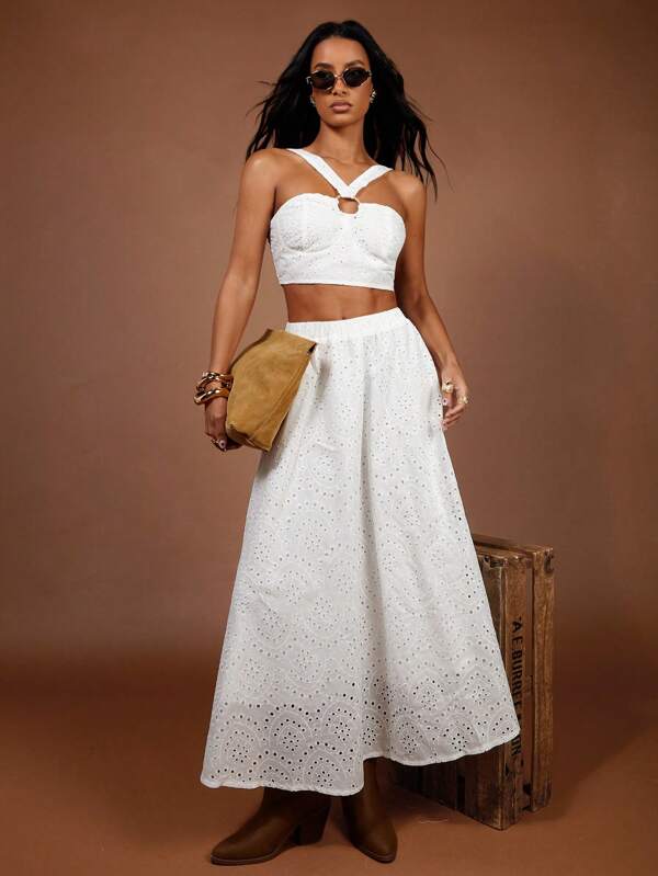COSMINA Set de 2 piezas para mujer: Falda larga extra sexy con bordado blanco, para uso vacacional/western, de corte petite, con estilo bohemio para outfits de verano