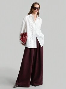 Ontre 2025新款女士波浪荷叶边下摆宽松优雅长袖衬衫，春季百搭优雅日常穿着，圣诞节、秋冬新年皆宜 - 白色 - 查看 8