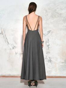 Chiquease Women's Striped Backless Spaghetti Strap Maxi Dress For Spring&Summer,Summer Outfits For Women,Sexy Dress,Vacation Outfits - Grey - View 2