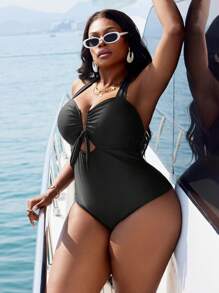 Swim SXY Plus Size Women Głęboki Dekolt w Serek Jednolity Kolor Wyszczuplający Elegancki Halter Jednoczęściowy Kostium Kąpielowy, Na Letnie Wakacje Na Plaży