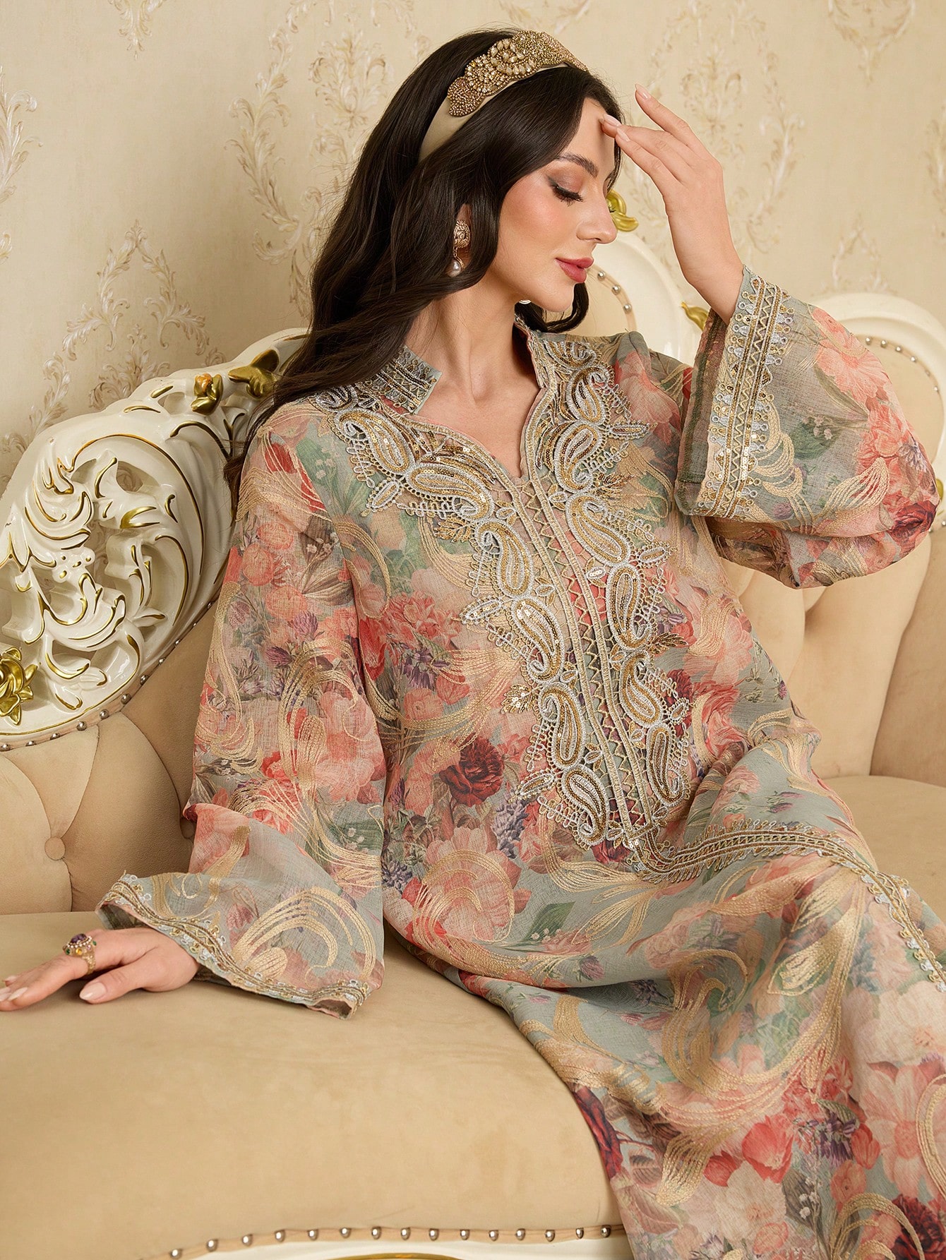 Al Najma فستان جلابية عربي طويل وأنيق بياقة عالية...