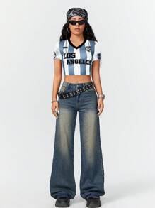 SHEIN EZwear Women's Sport Letter Striped Print Cropped Slim Fit Football T-Shirt