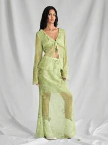 SHEIN Unity 2件套女式波西米亚风格深V领荷叶边透明印花节日度假装 - 綠色 - 查看 3