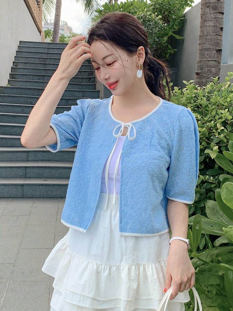Women Summer New Tie Front Cropped Ruffle Sleeve Button Down Shirt, Lightweight Sun Protection Cover Up