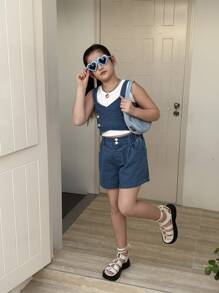 Set de 2 piezas de look casual de moda coreana para niñas preadolescentes, con diseño estilizado Y2K que incluye top con tirantes y pantalones vaqueros anchos y lavados, colección primavera-verano 2025, apto para uso diario, fiestas y viajes