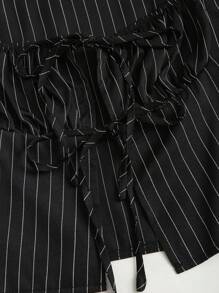 Sweetra Striped Bandeau Tie Crop Top & High Waist Pleated Skirt Set, Slimming - Black - View 4