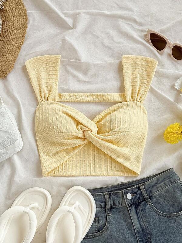 Soleia Style bohème, floral romantique, style vacances, hauts à motifs floraux thème 4 juillet, hauts de vacances, hauts à perles, hauts à volants, hauts de fête, débardeurs, hauts courts sexy femmes 4 juillet, gilets femmes vacances en tricot côtelé jacquard avec détail nœud devant, hauts courts, hauts courts, vêtements d'été femmes