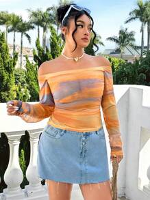 SHEIN EZwear Blouse femme grande taille à épaules dénudées, imprimé romantique tie-dye, pour le printemps - Multicolore - Voir 3