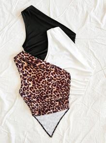 Soleia 女式度假豹纹不对称褶皱下摆修身衬衫 女式黑色纯色不对称褶皱下摆修身衬衫 女式白色纯色不对称褶皱下摆修身衬衫，适合派对、音乐节、夏季、海滩 - 彩色 - 查看 2