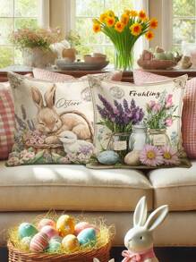 4 pièces Housses de coussin décoratif de Pâques en velours avec lapins, œufs de Pâques, moutons floraux. Amusantes et vintage en violet et brun. Impression unilatérale 45x45cm/18x18po pour la décoration du salon, de la chambre à coucher et du canapé au printemps. Sans les inserts de coussin.