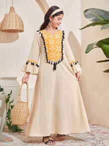 SHEIN Tween Girls' Loose Casual Retro Print Patchwork Fringed Trim Long Dress