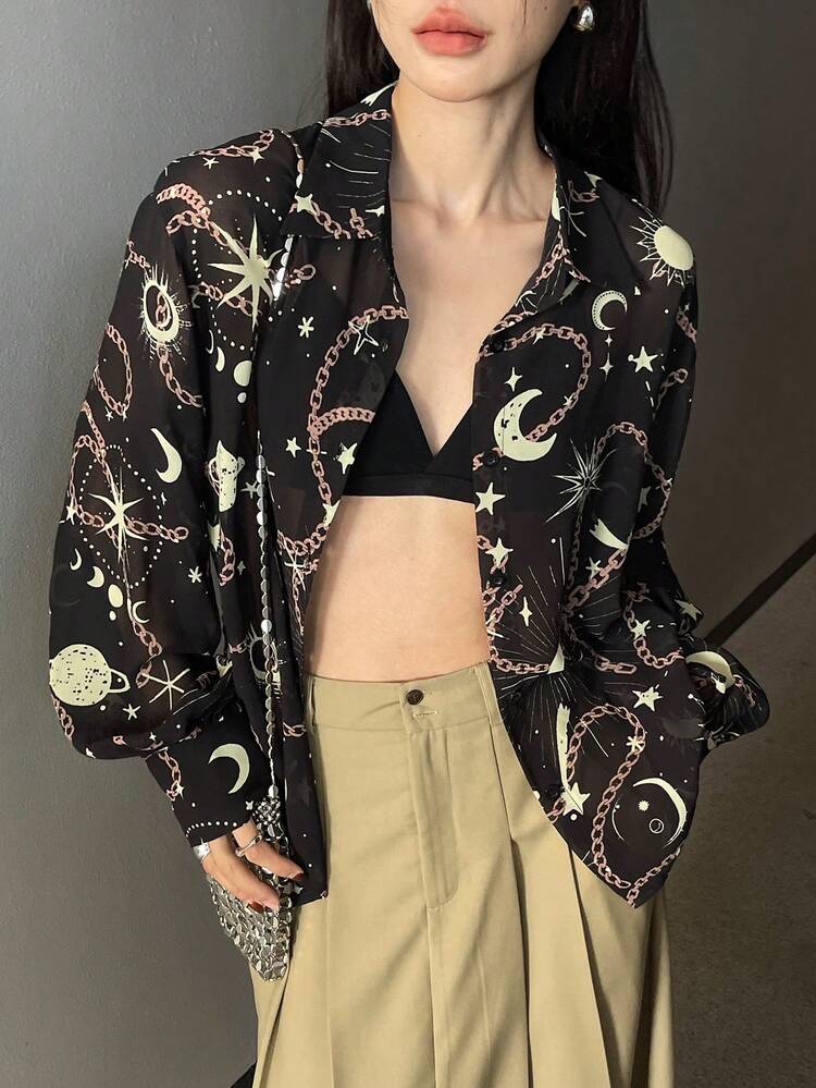 Women's Bohemian Style High-Sense Fashion Loose Fit Beach Vacation Blouse, Summer New Arrival Long Sleeve Top