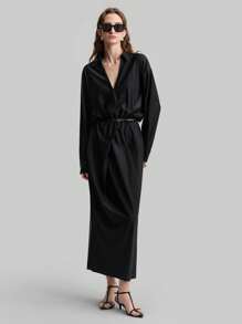 Ontre Vestido negro de cintura alta y campana con decoración de cinturón, estilo urbano chic minimalista para mujer - Negro - Ver 7