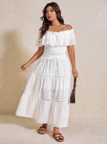 Elaquor Plus Size Solid Color Simple Casual Skirt, Everyday Wear - White - View 4