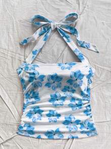 Soleia 女士度假系带领浪漫印花侧褶露背上衣，时尚秋冬汗衫 - 淺藍色 - 查看 3