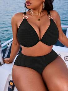 Swim SXY Plus Size Women 2 Pieces Solid Color Ribbed Fabric Underwire Bikini Set, Sexy & Casual, For Summer Beach Vacation