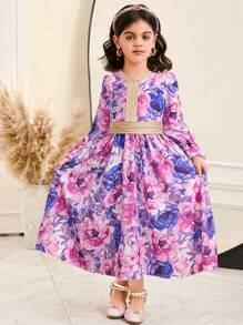 SHEIN DRMZ Young Girl's Spring/Summer Matching Family Vacation, Vintage Rose Ditsy Floral Mixed Print Long Sleeve A-Line Dress, With Golden Woven, Matching Family Vacation Casual Long Sleeve National Ditsy Floral Print Dress, Mom And Daughter & Sisters Matching.