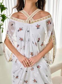 Modelyn Damen Kleid mit Schulterausschnitt, Mesh, Blume Muster und Rüschensaum für den Frühling