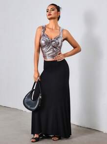 Chiquease 女式无袖闪亮金属反光吊带背心，春夏 - 銀色 - 查看 4