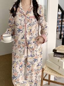 SHEIN Teenager Mädchen Retro Blume Muster Hemdkragen Knopfverschluss Brusttasche Langarm Oberteil und weite Hose Lose Lässig Pyjama Set, 2 Teile - Ramadan Stil lose Blume Muster Langarm Loungewear - Aprikosenfarben - Übersicht 5