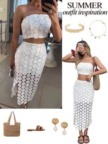 Breezaya Elegant White 3D Polka Dot Tie-Up Bandeau & Slit Skirt 2 Pieces Set For Women - White - View 8