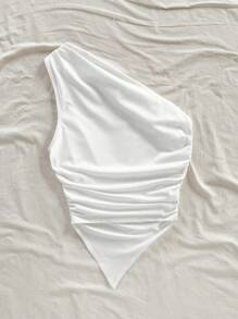 Soleia Women Casual Solid Color Shirred One Shoulder Blouse Suitable For Going Out - White - View 2