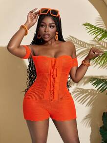 Slaydiva Jumpsuit Rajut Wanita Warna Oranye Polos, Romper Kasual Minimalis untuk Sehari-hari - Jeruk - View 7