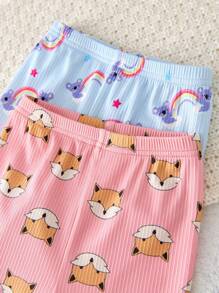 Baby Girls 4 Pieces Set Cute Koala, Fox, Rainbow Print Ruffled Collar Short Sleeve Top And Pants Casual Comfortable Pajamas