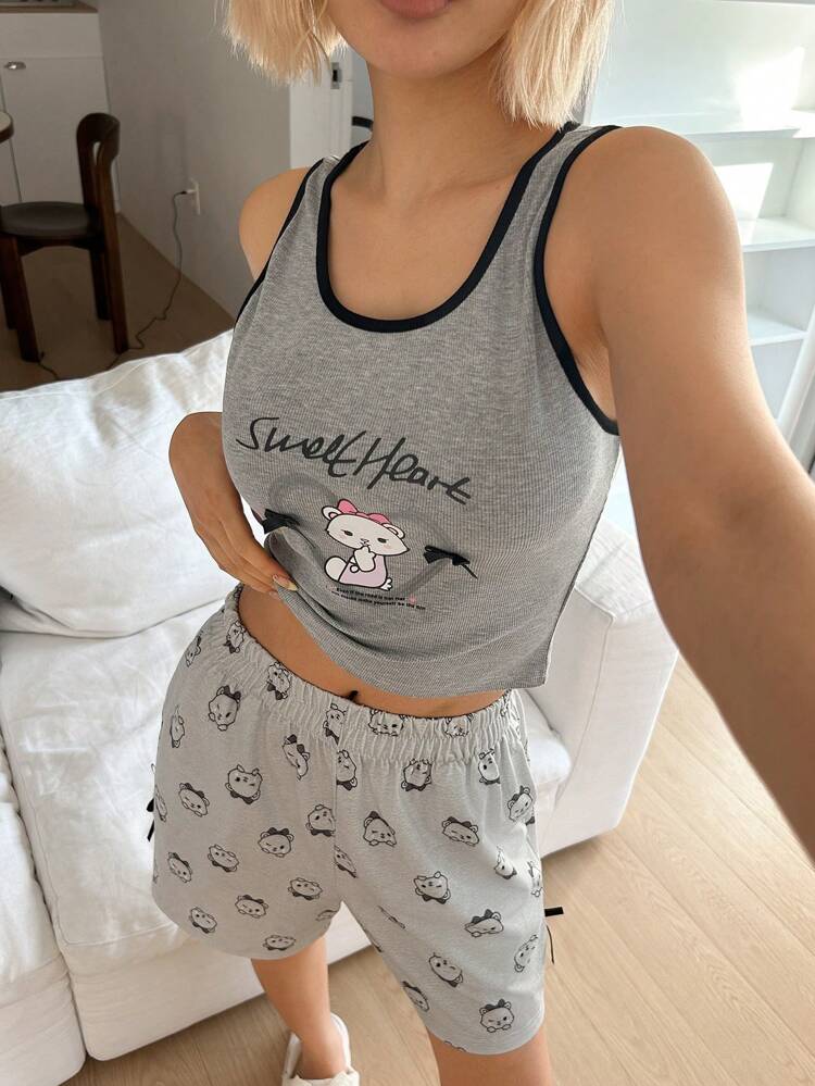 2pcs Women Sleeveless Cartoon Print Loose Full Print Shorts Pajama Set