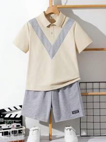 SHEIN 2pcs/Set Tween Boy Loose Casual Color Block Collar Polo Shirt And Shorts Set - Grey - View 2